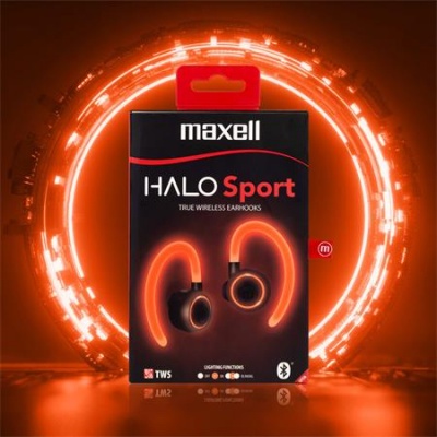 Fülhallgató, vezeték nélküli, Bluetooth, mikrofonnal, LED-es fülhallgató, MAXELL "Halo Sport", fekete